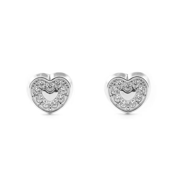 Pendientes Bebe Oro Blanco 18K Corazón Circonitas Brillo