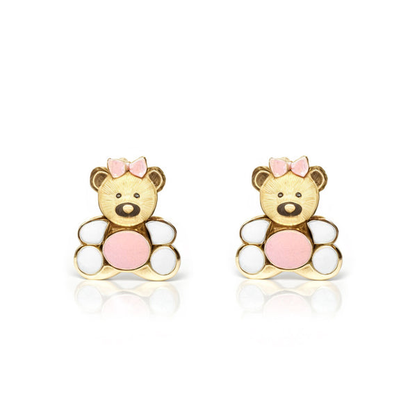 Pendientes Niña Oro Amarillo 18K Oso Esmalte Rosa-Blanco Brillo