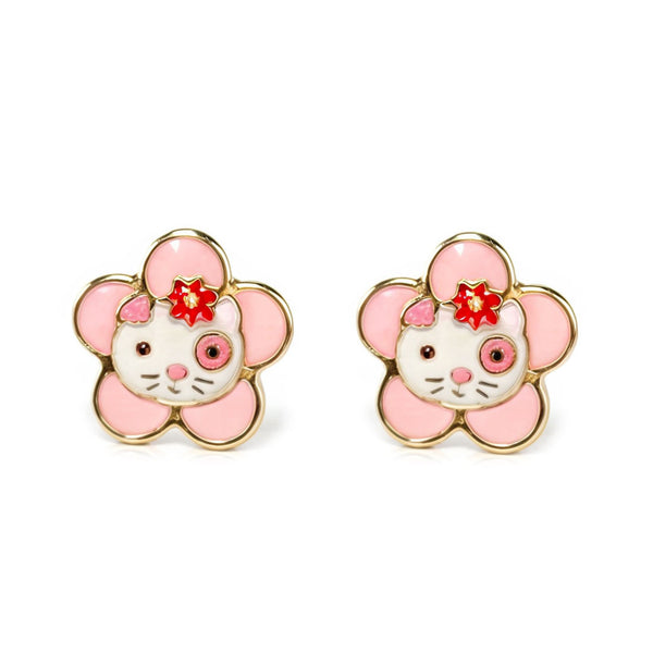 Pendientes Niña Oro Amarillo 18K Gato Esmalte Multicolor Brillo