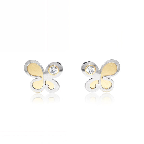 Pendientes Niña Oro Bicolor 18K Mariposa Circonita Mate y Brillo