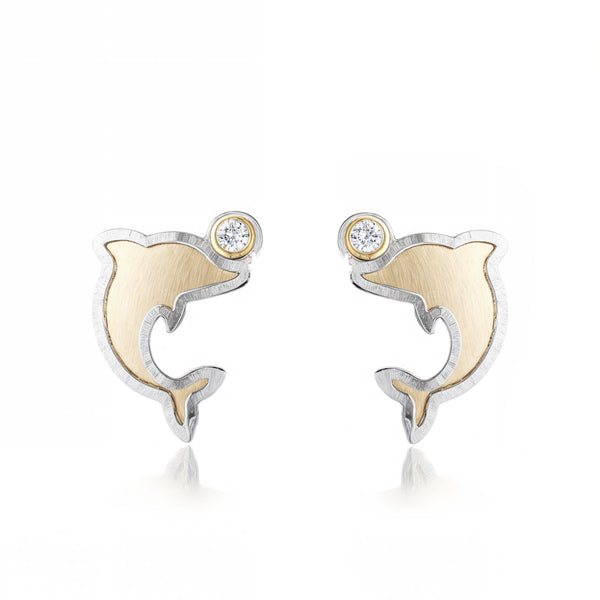 Pendientes Niña Oro Bicolor 18K Delfín Circonita Mate y Brillo