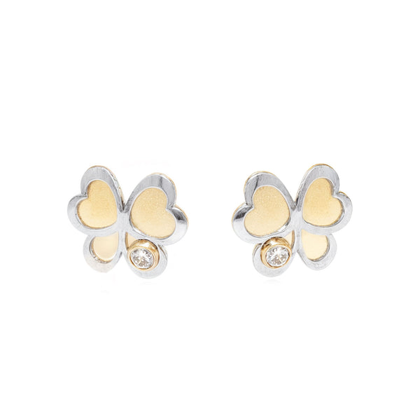 Pendientes Niña Oro Bicolor 18K Mariposa Circonita Mate y Brillo