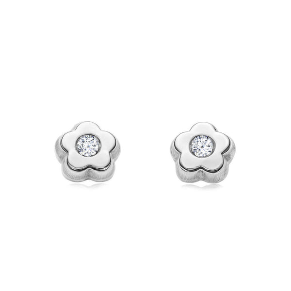 Pendientes Bebe Oro Blanco 18K Flor Margarita Circonita Brillo