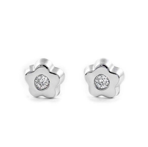 Pendientes Bebe Oro Blanco 18K Flor Margarita Circonita Brillo