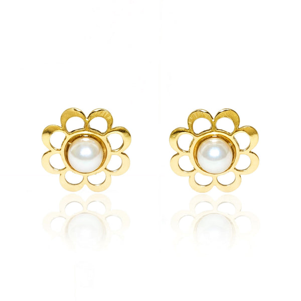 Kinder Baby Blume Perle 2 mm Ohrringe Gelbgold 18K