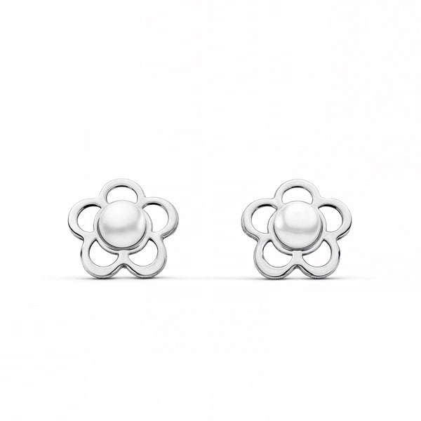 Pendientes Bebe Oro Blanco 9K Perla Redonda 2 mm Flor Brillo