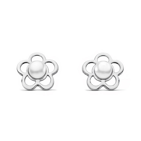 9ct White Gold Flower Pearl 2 mm Children's Baby Earrings shine