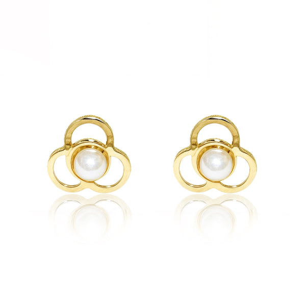 Pendientes Bebe Oro Amarillo 18K Perla Redonda 2 mm Trebol Brillo