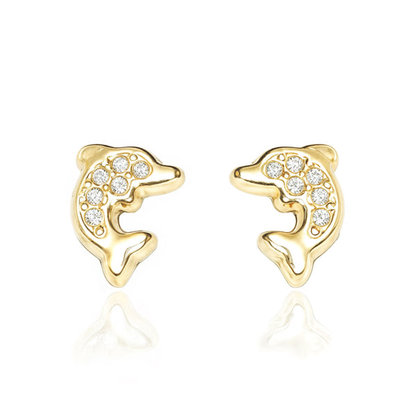 Pendientes Niña Oro Amarillo 18K Delfín Circonitas Brillo