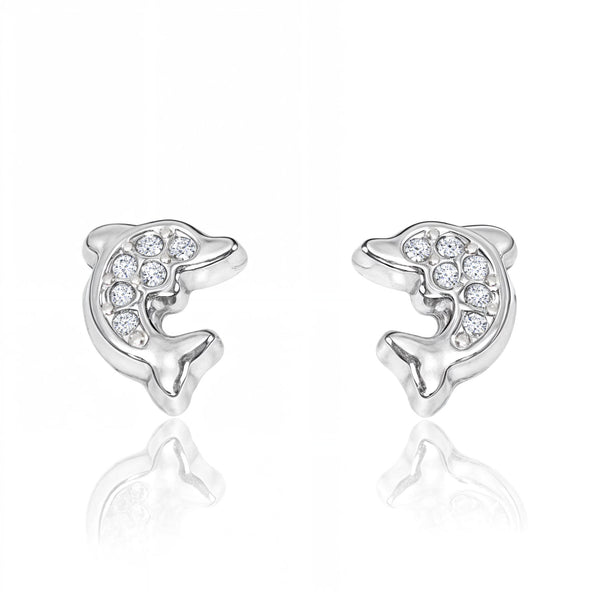Pendientes Niña Oro Blanco 18K Delfín Circonitas Brillo