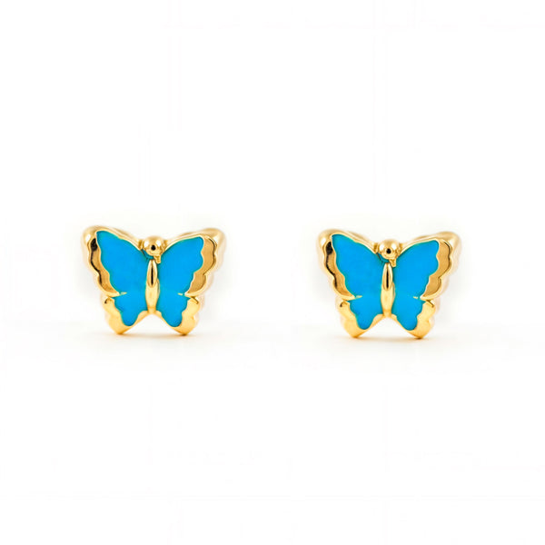 Orecchini bambini ragazza Smalto Blu Intenso Farfalla Oro Giallo 18K