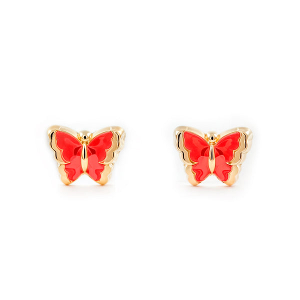 Orecchini bambini ragazza Smalto rosso Farfalla Oro Giallo 18K