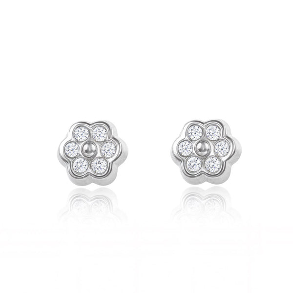 Pendientes Bebe Oro Blanco 9K Flor Margarita Circonita Brillo