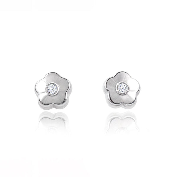 Pendientes Bebe Oro Blanco 18K Flor Margarita Circonita Brillo