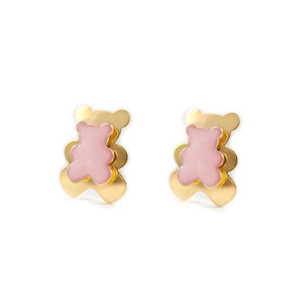 9ct Yellow Gold Light Pink Enamel Bear Children's Girls Earrings shine