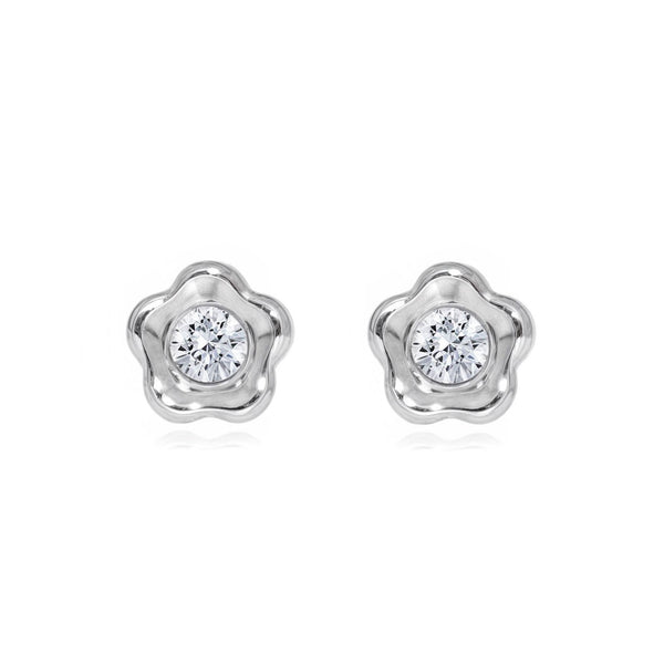 Pendientes Bebe Oro Blanco 18K Flor Margarita Circonita Brillo