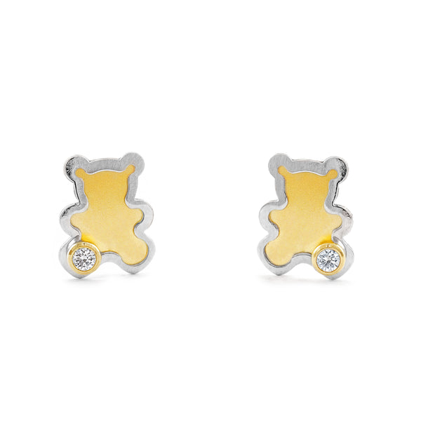 18ct two color gold Bear Cubic Zirconia Children's Baby Girls Earrings Matte Shine