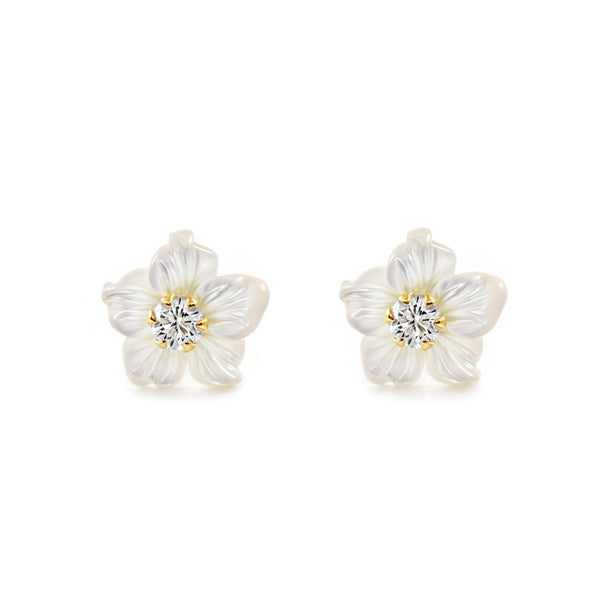 18ct Yellow Gold Nacre Flower Cubic Zirconia 2 mm Children's Girls Earrings shine