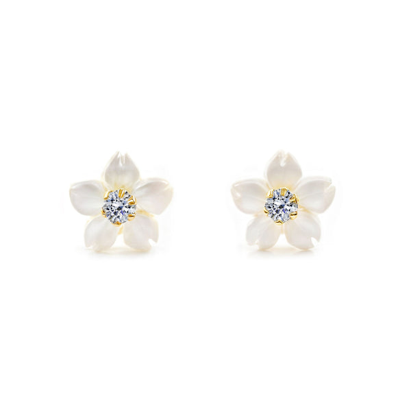 Orecchini ragazza Madreperla Fiore Zircone 2 mm Oro Giallo 9K