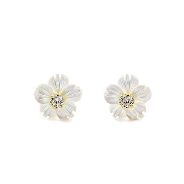 18ct Yellow Gold Nacre Flower Cubic Zirconia 2 mm Children's Girls Earrings shine