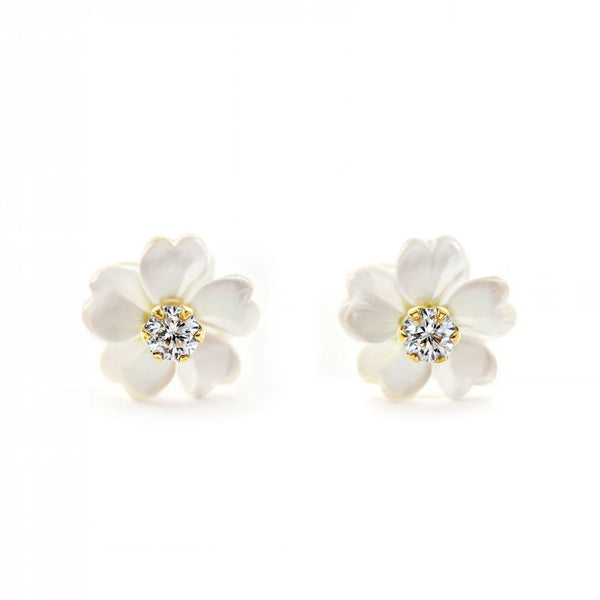 Orecchini ragazza Madreperla Fiore Zircone 2 mm Oro Giallo 9K