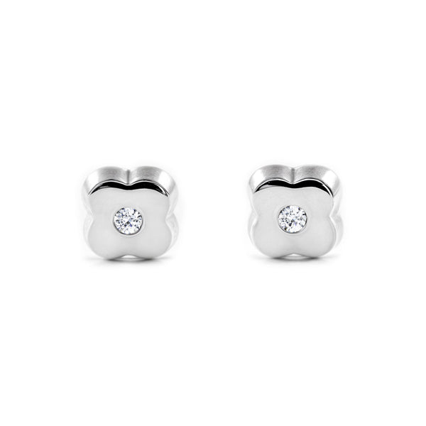 Pendientes Bebe Oro Blanco 9K Trebol Circonita Brillo