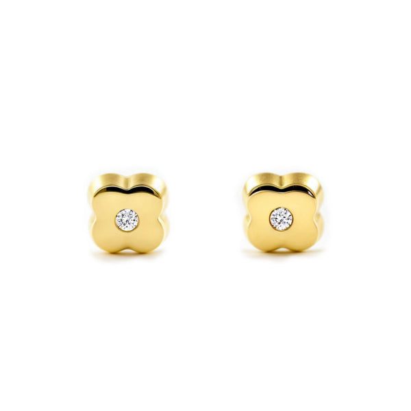 Pendientes Bebe Oro Amarillo 9K Trebol Circonita Brillo