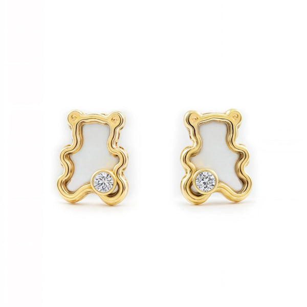 Pendientes Bebe-Niña Oro Amarillo 9K Nacar Oso Circonita Brillo