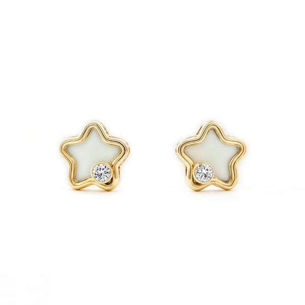 Orecchini bambini ragazza Madreperla Stella Zircone Oro Giallo 9K