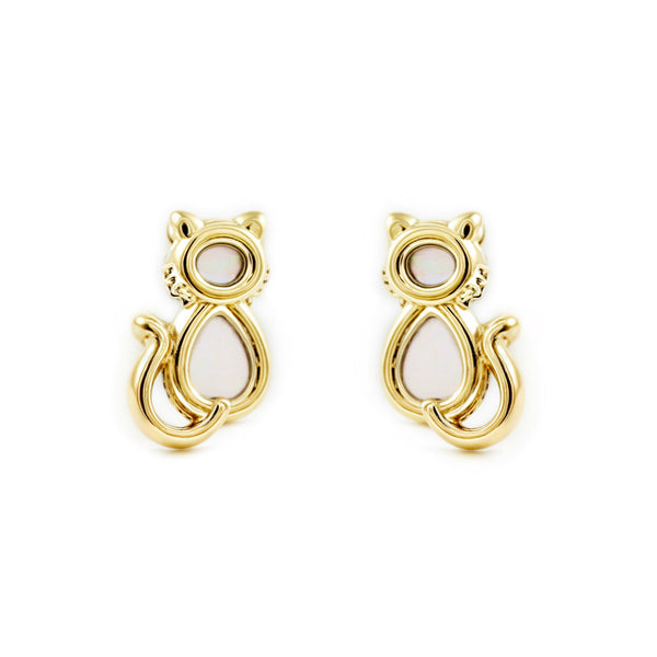 9ct Yellow Gold Nacre Cat Children's Girls Earrings shine