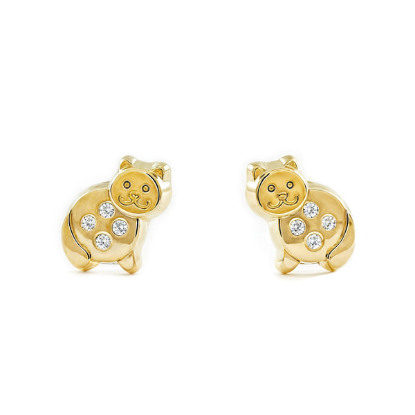 9ct Yellow Gold Cat Cubic Zirconias Children's Girls Earrings shine