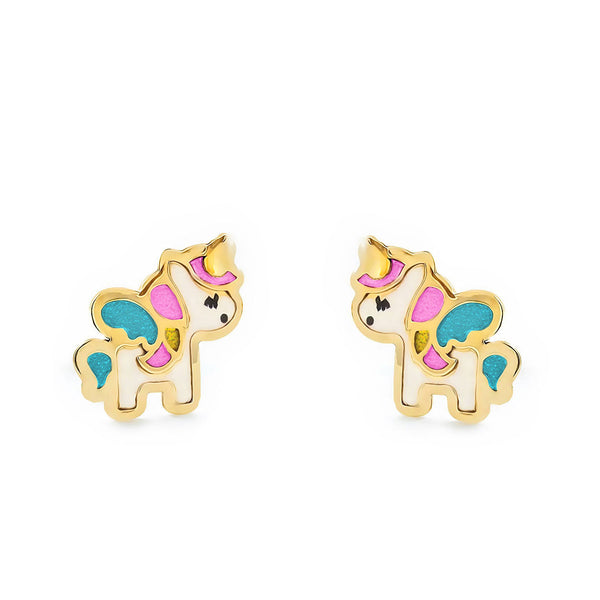 Pendientes Niña Oro Amarillo 9K Unicornio Esmalte Multicolor Brillo