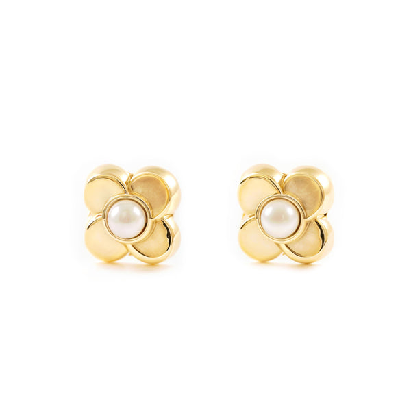 Pendientes Bebe-Niña Oro Amarillo 9K Perla Redonda 2 mm Trebol Brillo