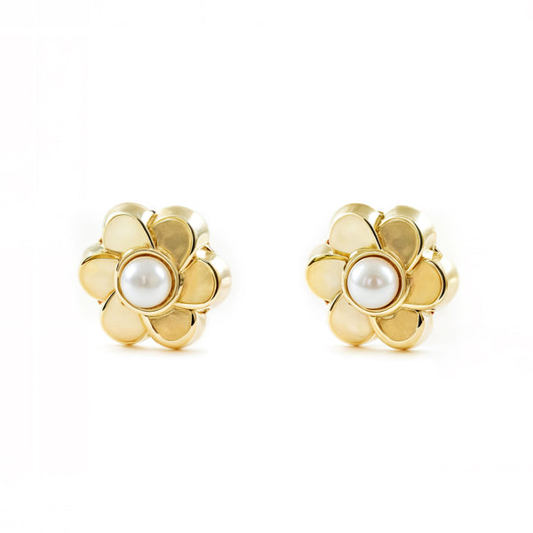 Pendientes Bebe-Niña Oro Amarillo 9K Perla Redonda 2 mm Flor Brillo