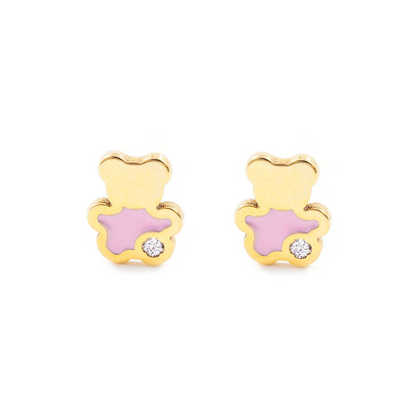 Pendientes Niña Oro Amarillo 9K Oso Esmalte Rosa Circonita Brillo