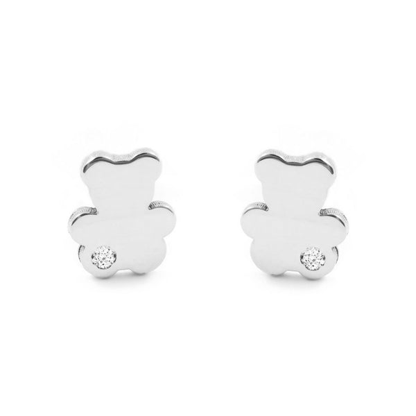Orecchini Bambini-Ragazza Oro Bianco 9K Liscio Orso Zircone Luminoso
