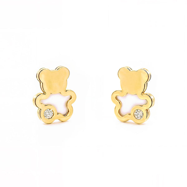 Pendientes Bebe-Niña Oro Amarillo 9K Nacar Oso Circonita Brillo