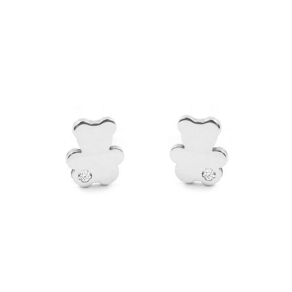 Orecchini Bambini-Ragazza Oro Bianco 9K Liscio Orso Zircone Brillante
