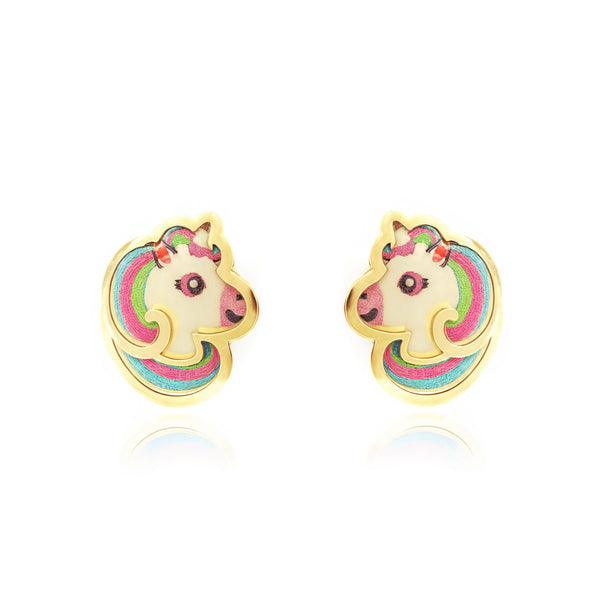 Pendientes Niña Oro Amarillo 18K Unicornio Esmalte Multicolor Brillo
