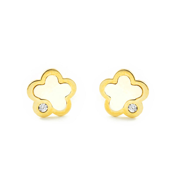 Perlmutt Blume Zirkon Kinder Baby Mädchen Ohrringe Gelbgold 9K