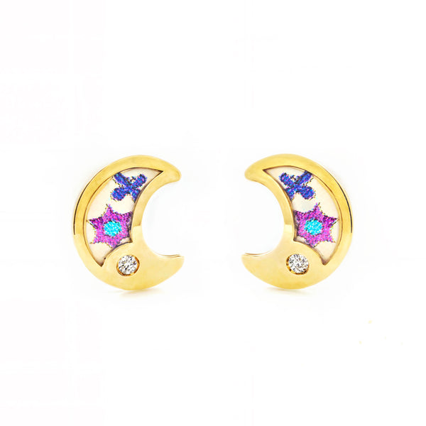 Mehrfarbige Emaille Mond Zirkon Kinder Mädchen Ohrringe Gelbgold 9K