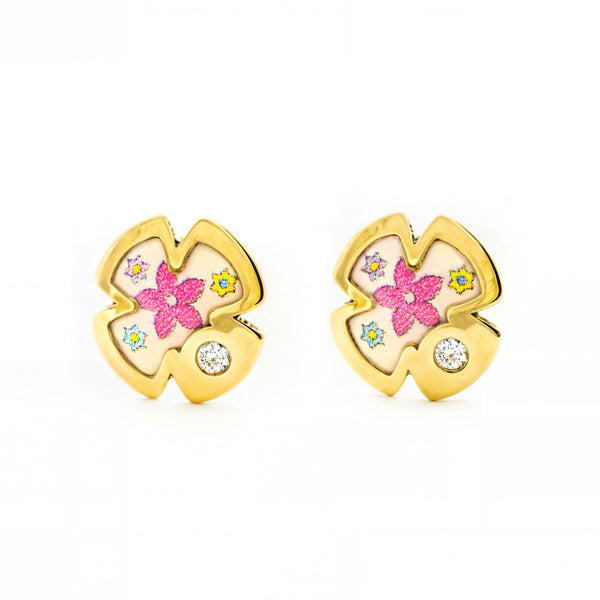 Orecchini bambini ragazza Smalto multicolore Croce Zircone Oro Giallo 9K