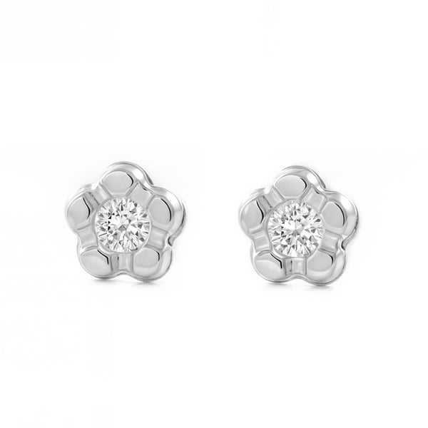 Pendientes Bebe Oro Blanco 9K Flor Margarita Circonita Brillo