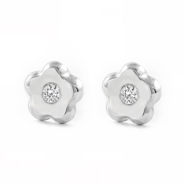 Pendientes Bebe-Niña Oro Blanco 9K Flor Margarita Circonita Brillo