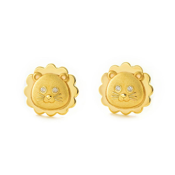 Pendientes Niña Oro Amarillo 9K León Circonita Mate y Brillo