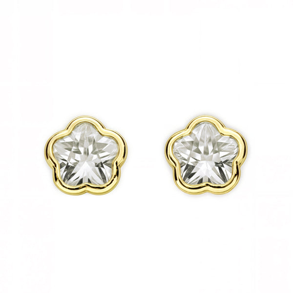 Pendientes Bebe-Niña Oro Amarillo 18K Flor Margarita Circonita Brillo