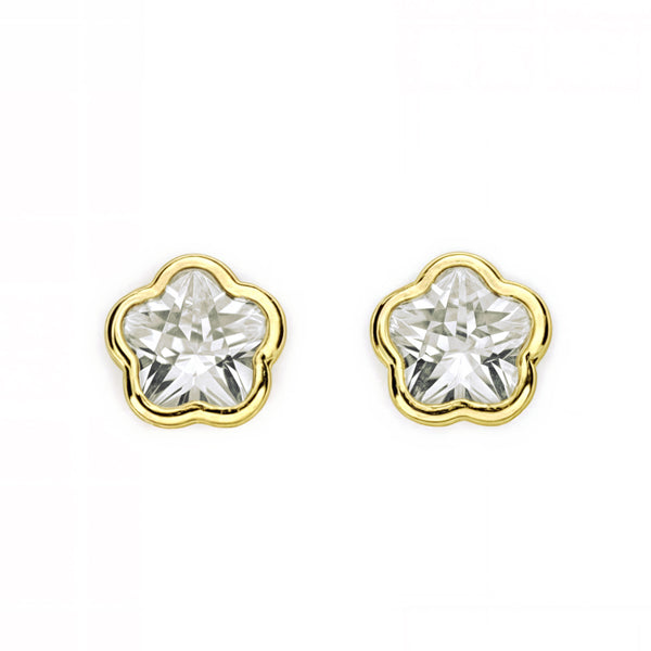 Pendientes Bebe-Niña Oro Amarillo 18K Flor Margarita Circonita Brillo