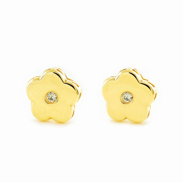 Pendientes Bebe-Niña Oro Amarillo 9K Flor Circonita Brillo