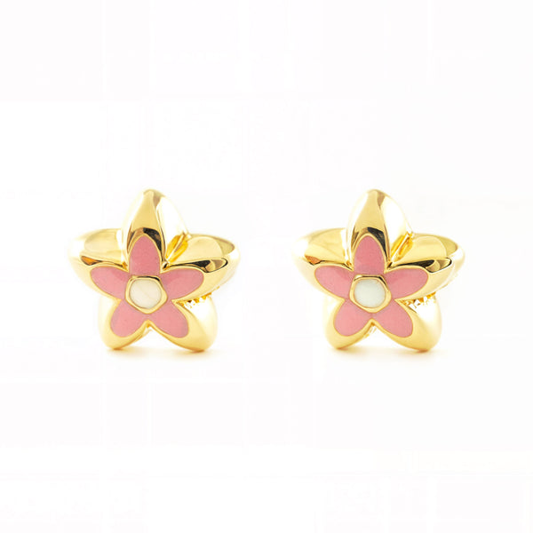 Orecchini bambini ragazza Smalto rosa Fiore Oro Giallo 18K