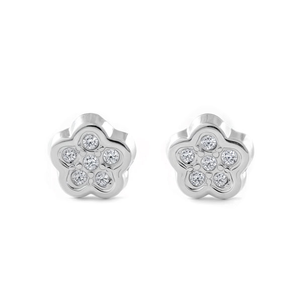 Pendientes Bebe-Niña Oro Blanco 9K Flor Circonitas Brillo